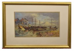 T Pyne, RI, RBA (British, 19th century), Dutch barges moored, watercolour on paper, signed, 30