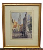 Bernard Walsh (British, 20th century), A Bruges street scene with staffage, watercolour on paper,