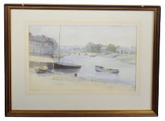 British, 20th century, Boat moored at low tide, watercolour, indistinctly signed, 24 x 37cm