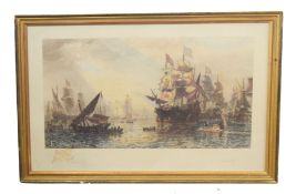 After Sir Oswald Walters Brierly, (British, 19th century), large coloured engraving, ships in