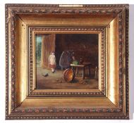Indistinctly signed and dated 72 (lower right), oil on board, naive kitchen interior scene with