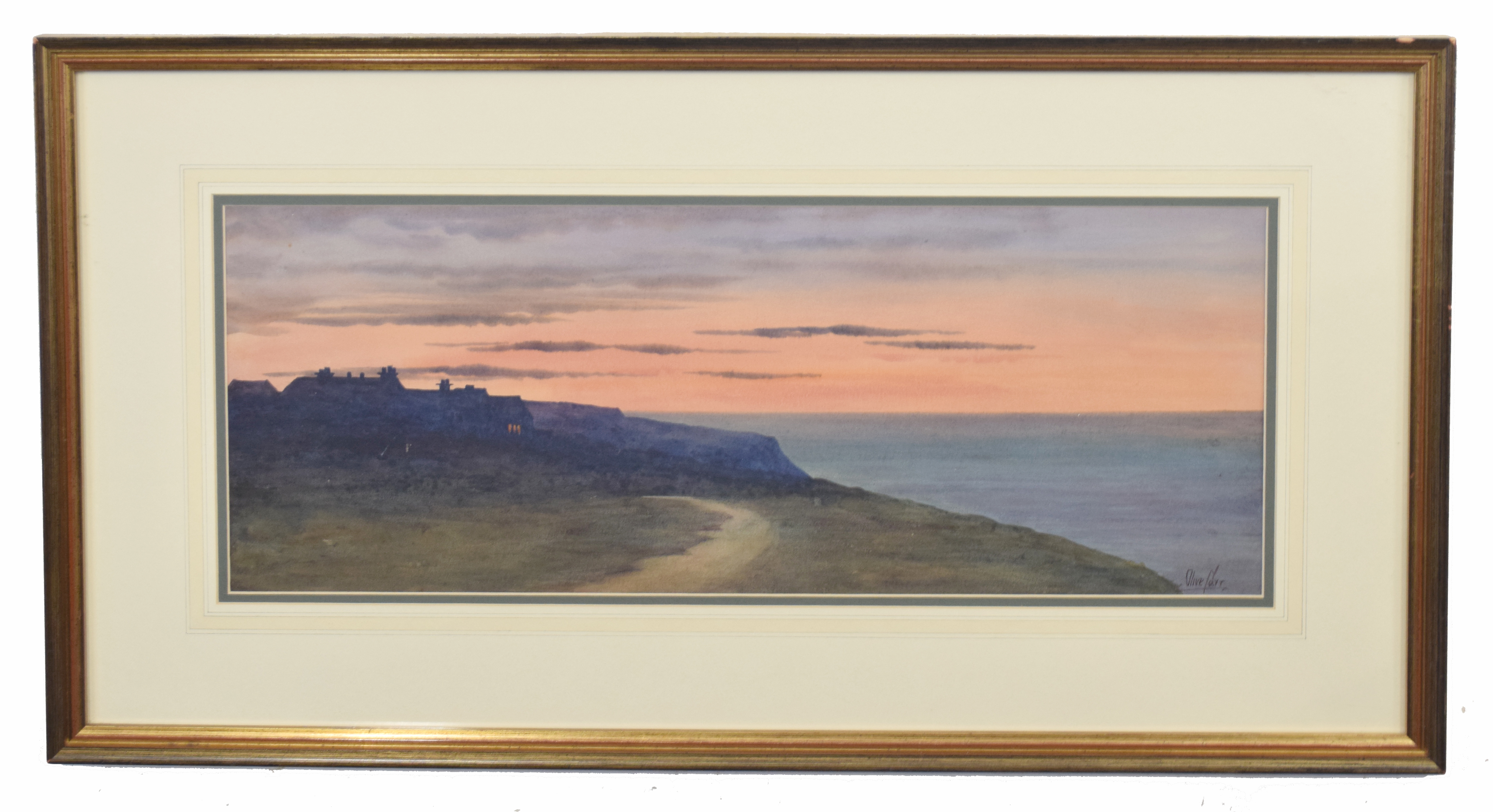 Olive Carr (British, 20th century), Overstrand 10pm on a July night, watercolour, signed, 25 x 57cm