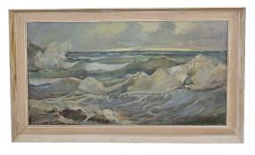 British, 20th century, Waves crashing against the shoreline, oil on canvas, unsigned, 48 x 80cm