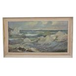 British, 20th century, Waves crashing against the shoreline, oil on canvas, unsigned, 48 x 80cm