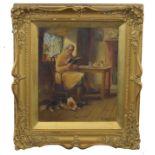 A Austin (British, 20th century), Victorian genre scene, a man seated reading and a woman sewing,