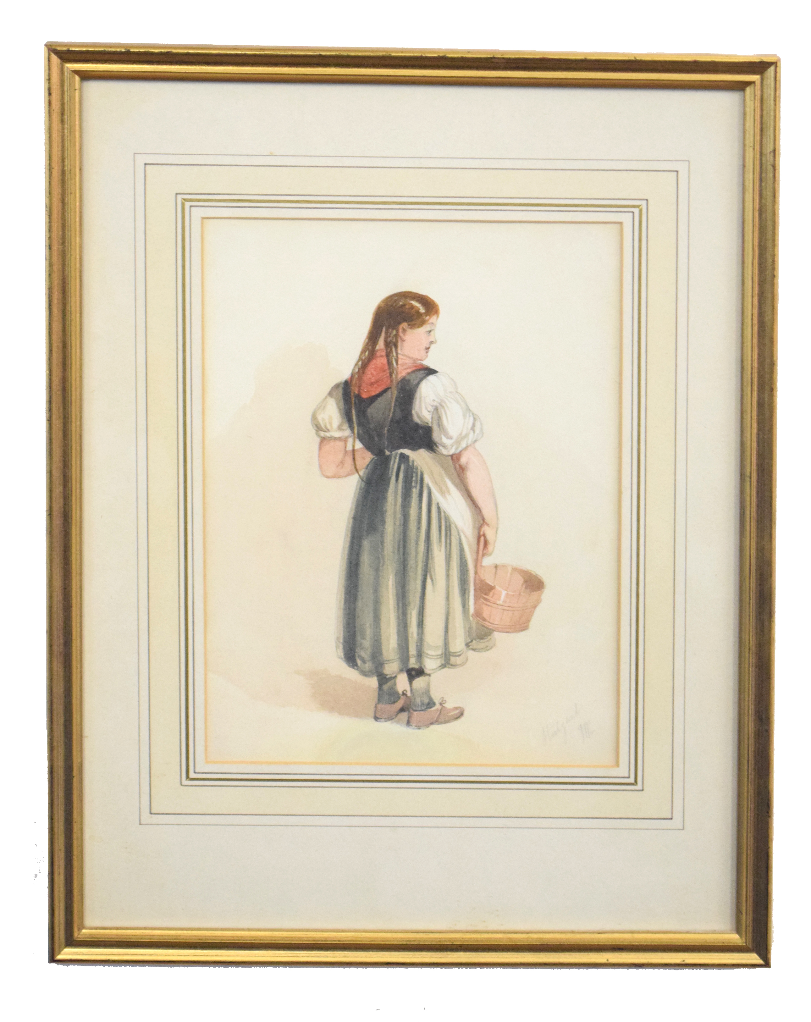 Pair of framed Watercolour Costume Studies, initialled 'HR' in pencil, label verso for William Bevan