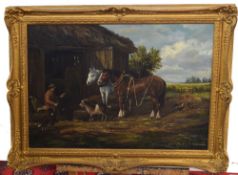 J Heselton (British, 20th century), A farmyard scene with seated figure next to a pair of