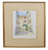 Chris Wynn (British, 20th century), Continental street scene, pencil, crayon with body wash, signed,