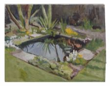 Ruby Hunt (British, 20th century), A study of a garden pool, oil on board, 30 x 45cm