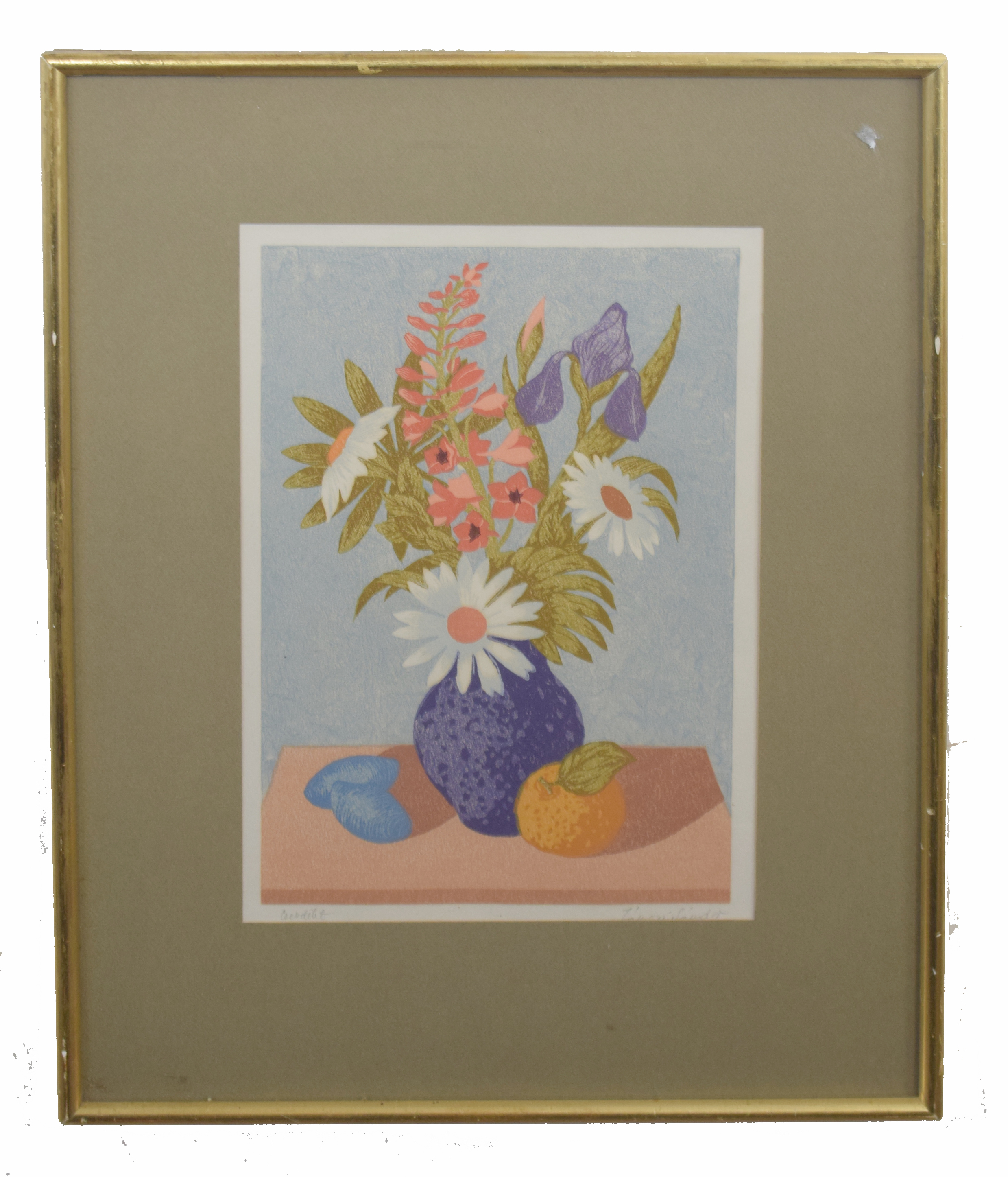 Janowski Sandor (Hungarian, 20th century), Still Life print of flowers and fruit, woodblock print,