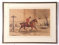 After Henry Alken (1785-1851), unsigned watercolour huntsman in a snowstorm, 28 x 43cm