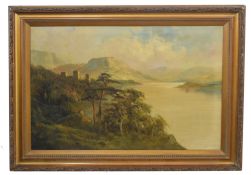 British, 20th century, Pair of Landscapes showing a castle overlooking a lake and mountain in