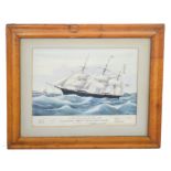 Coloured print "The Clipper Ship Dreadnought", set in birds eye maple frame