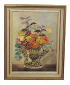 Saxon F Seaman (British, 20th century), "Summer flowers in a decorative vase on a table", oil on