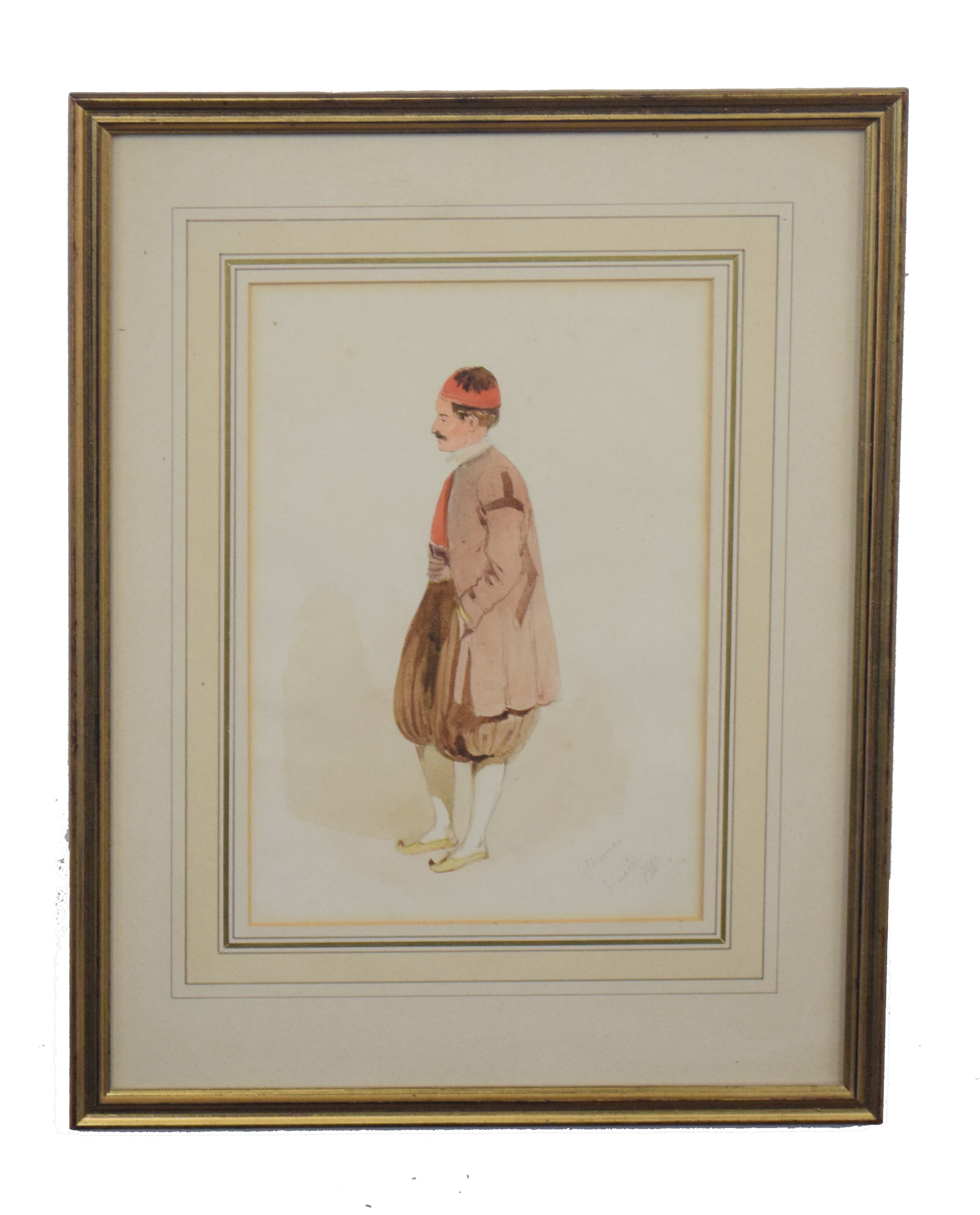 Pair of framed Watercolour Costume Studies, initialled 'HR' in pencil, label verso for William Bevan - Image 2 of 2