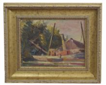 British, 20th century, A figure in a small boat about to dock, oil on board, unsigned, 15 x 20cm