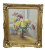 British, 20th century, Still Life, Cone flowers in a vase on a brown table top, oil on canvas,