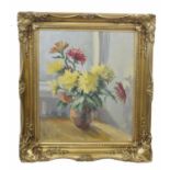 British, 20th century, Still Life, Cone flowers in a vase on a brown table top, oil on canvas,