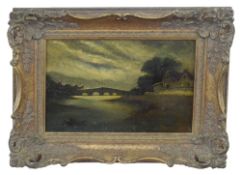 British, 19th century, A moonlit river scene with bridge and cottage in background, oil on canvas,