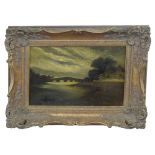 British, 19th century, A moonlit river scene with bridge and cottage in background, oil on canvas,