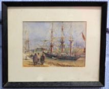 C Palmer (19th century British), Study of tall ship with three figures in foreground, watercolour,