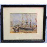 C Palmer (19th century British), Study of tall ship with three figures in foreground, watercolour,