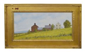 John Clarke Olsen (American, 20th century), "Denver Summer Barns", oil on canvas, signed, 29 x 60cm
