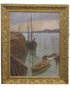 British, 20th century, Fishing boats in harbour, oil on board, indistinctly signed, 55 x 37cm