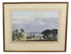 British, 20th century, Landscape with woodland and buildings beyond, watercolour, 36 x 53cm