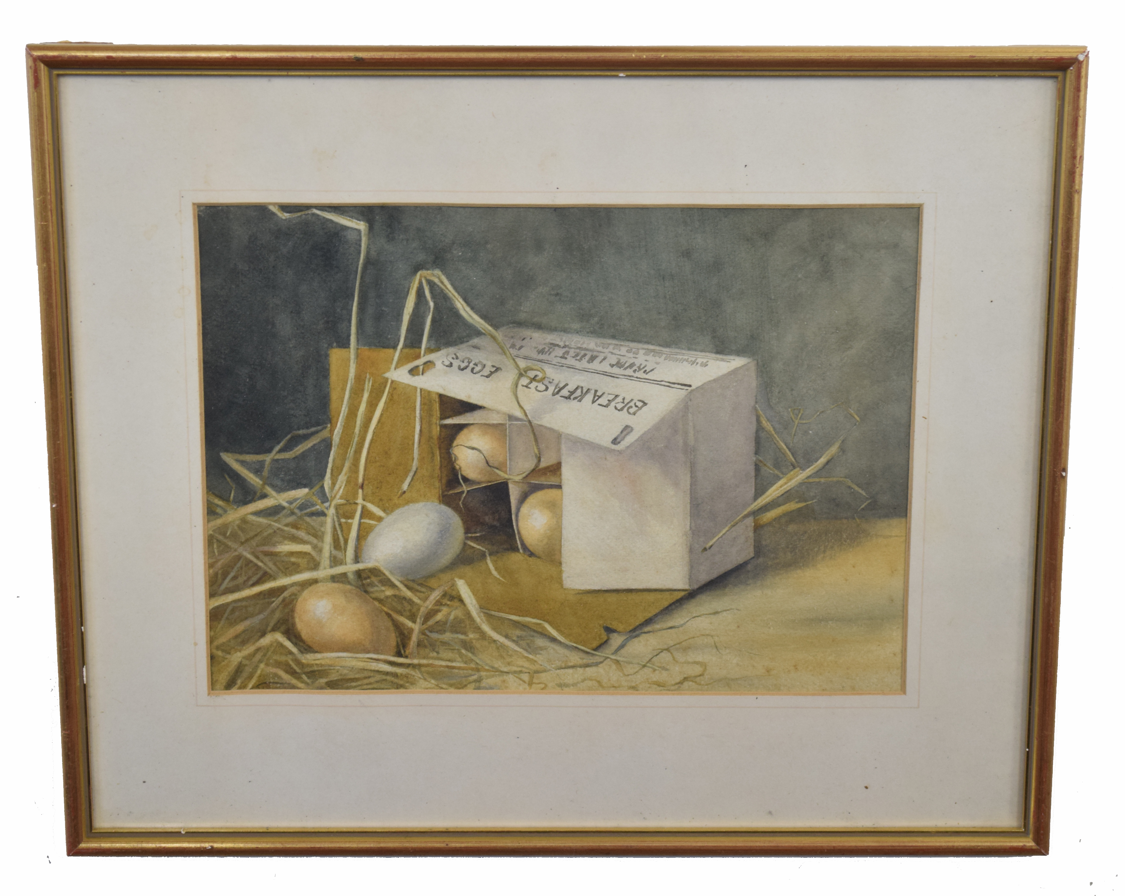 British, 20th century, Still Life study of a box of breakfast eggs overturned, watercolour on paper,