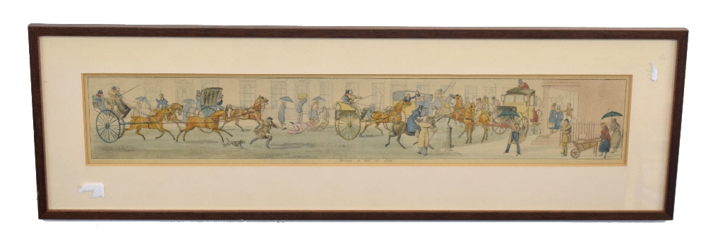 Set of four Victorian satirical prints, etchings with hand colouring on paper, 10 x 55cm - Image 2 of 4