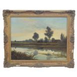 British, 20th century, River landscape with cottage in distance, oil on canvas, indistinctly