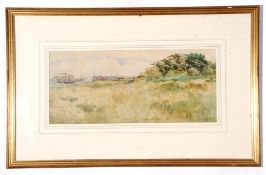 T Strethill Smith, watercolour, River Shipyard and warehouses in landscape, 1897, 24 x 54cm