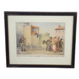 Set of three coloured 19th century engravings, "The Show", "Punch" each approx 25cm x 35cm and