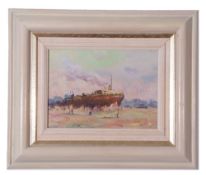 20th century, British School, Oil on board, Harbour Scene, 17 x 23cm