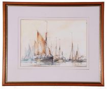 British 20th century, Shipping in calm waters at the harbour mouth, watercolour