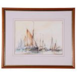 British 20th century, Shipping in calm waters at the harbour mouth, watercolour