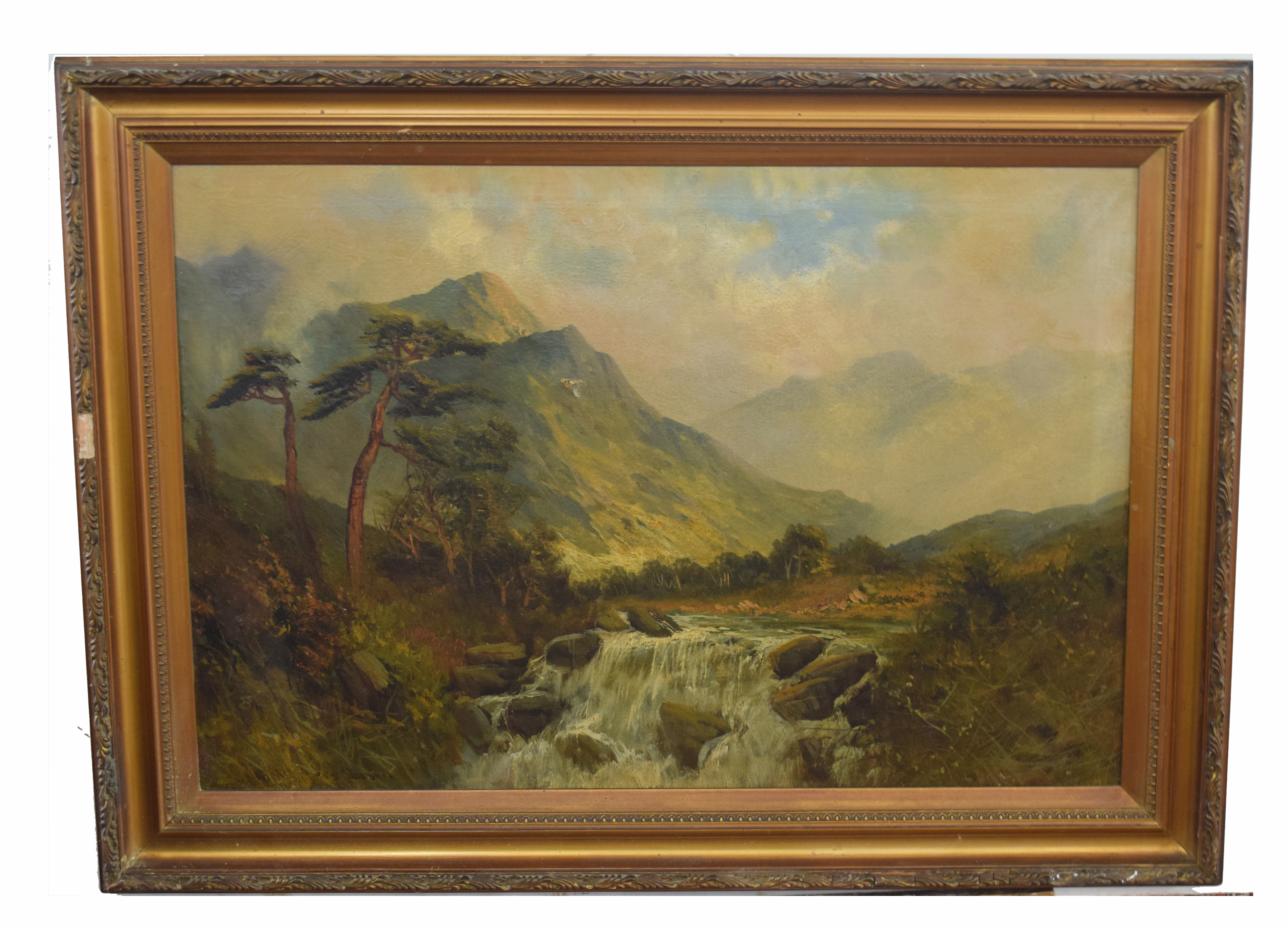 British, 20th century, Pair of Landscapes showing a castle overlooking a lake and mountain in - Image 2 of 2