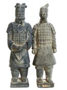 Two Chinese pottery figures, Han Dynasty type, of Chinese dignitaries on square bases with title