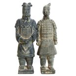 Two Chinese pottery figures, Han Dynasty type, of Chinese dignitaries on square bases with title