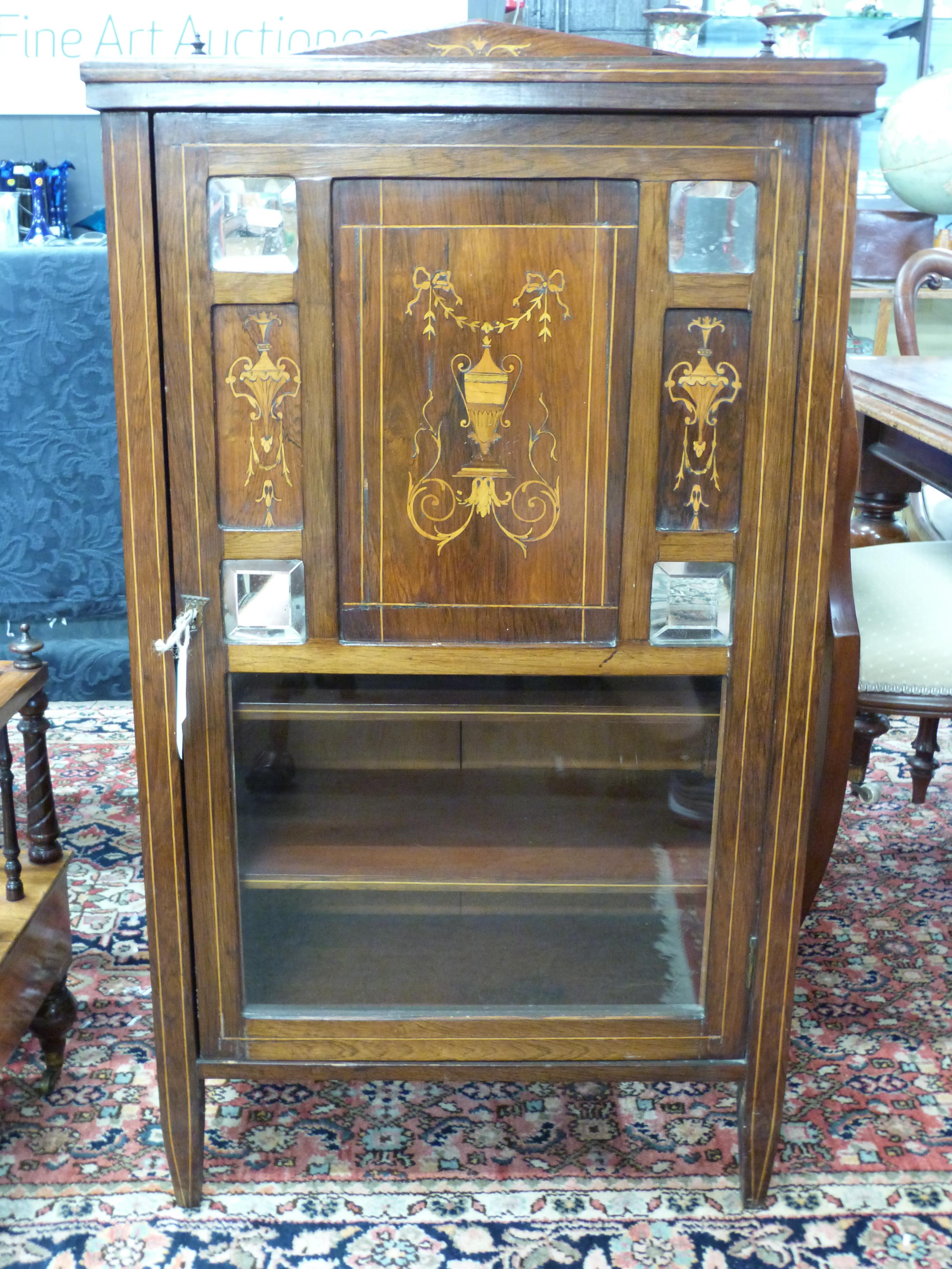 Late Victorian rosewood veneered and inlaid music cabinet with single panelled door, 110cm wide