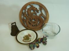 Mixed Lot: two Chinese pottery dragons, a Buckley glass vase, carved wooden disc carved with a