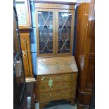 19th century satinwood and painted bureau bookcase, the top section with moulded cornice, two