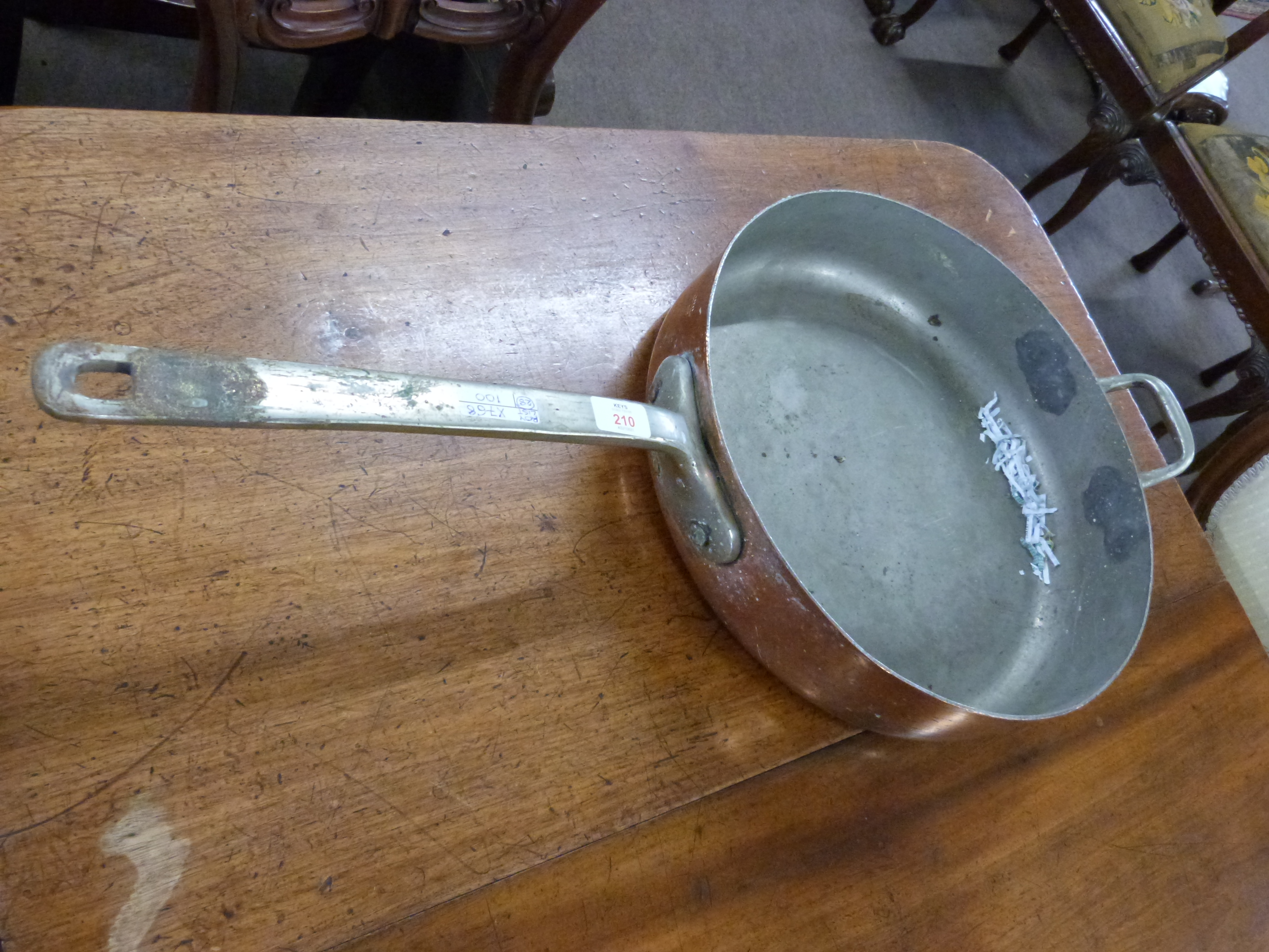 Large 19th century copper frying pan marked to side Elkington & Co, Patent, 82cm long