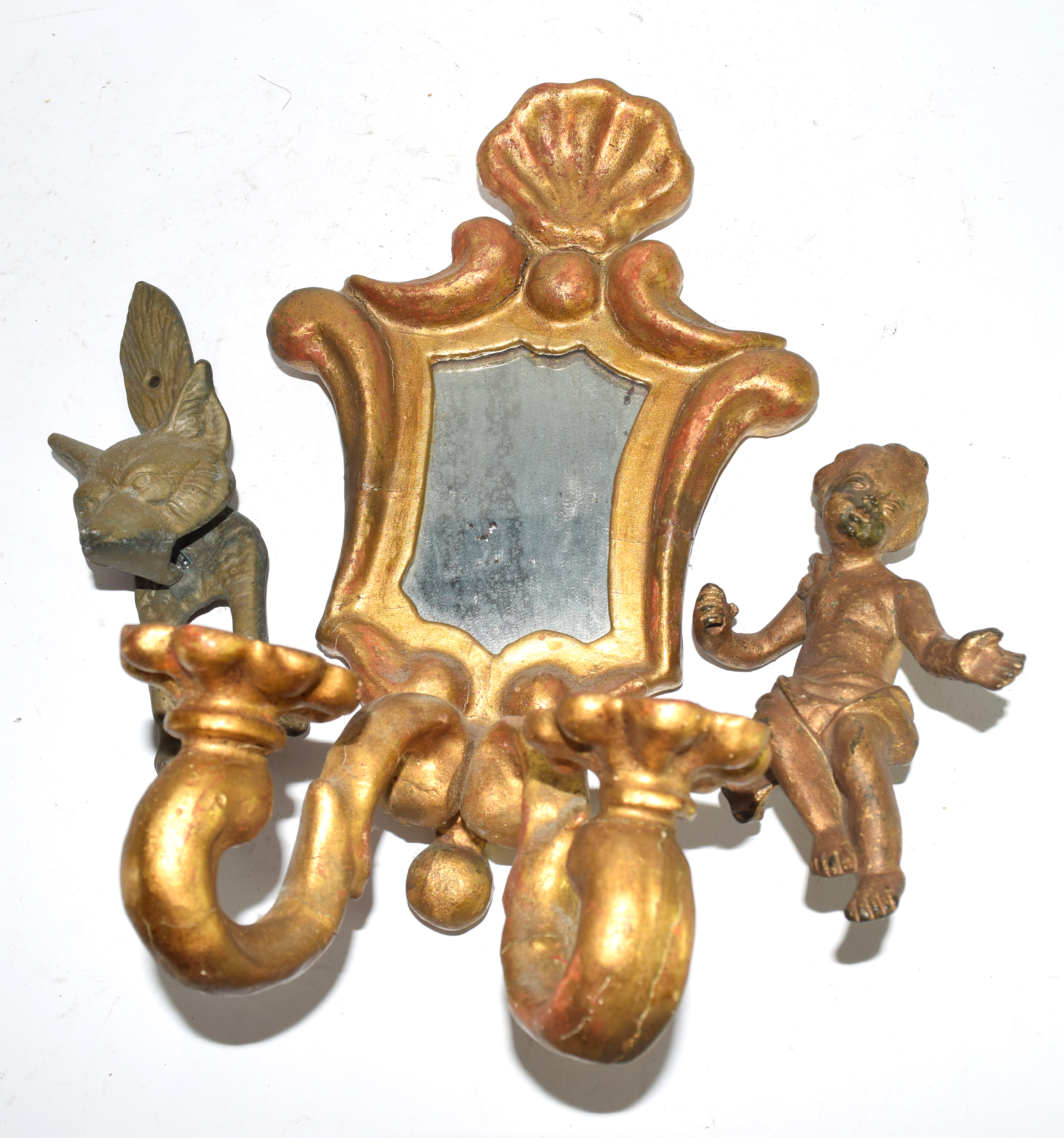 Brass door knocker, modelled as a fox's head, together with a small gilt mirror and candelabra,