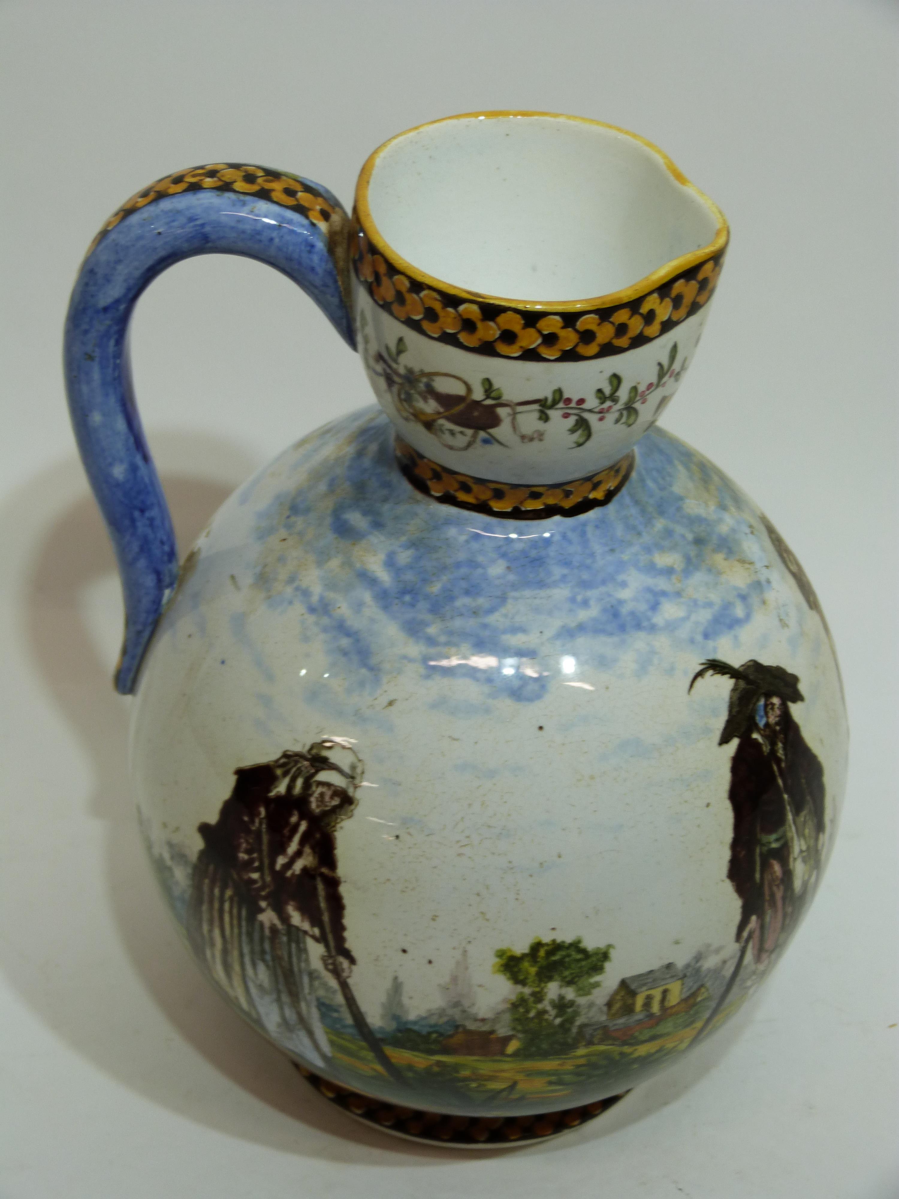 French pottery Gien ware jug decorated with rustic figures in majolica type glazes, 21cm high - Image 2 of 3