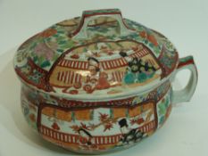 Japanese pot and cover decorated with polychrome designs of figures in landscapes and floral sprays