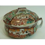 Japanese pot and cover decorated with polychrome designs of figures in landscapes and floral sprays