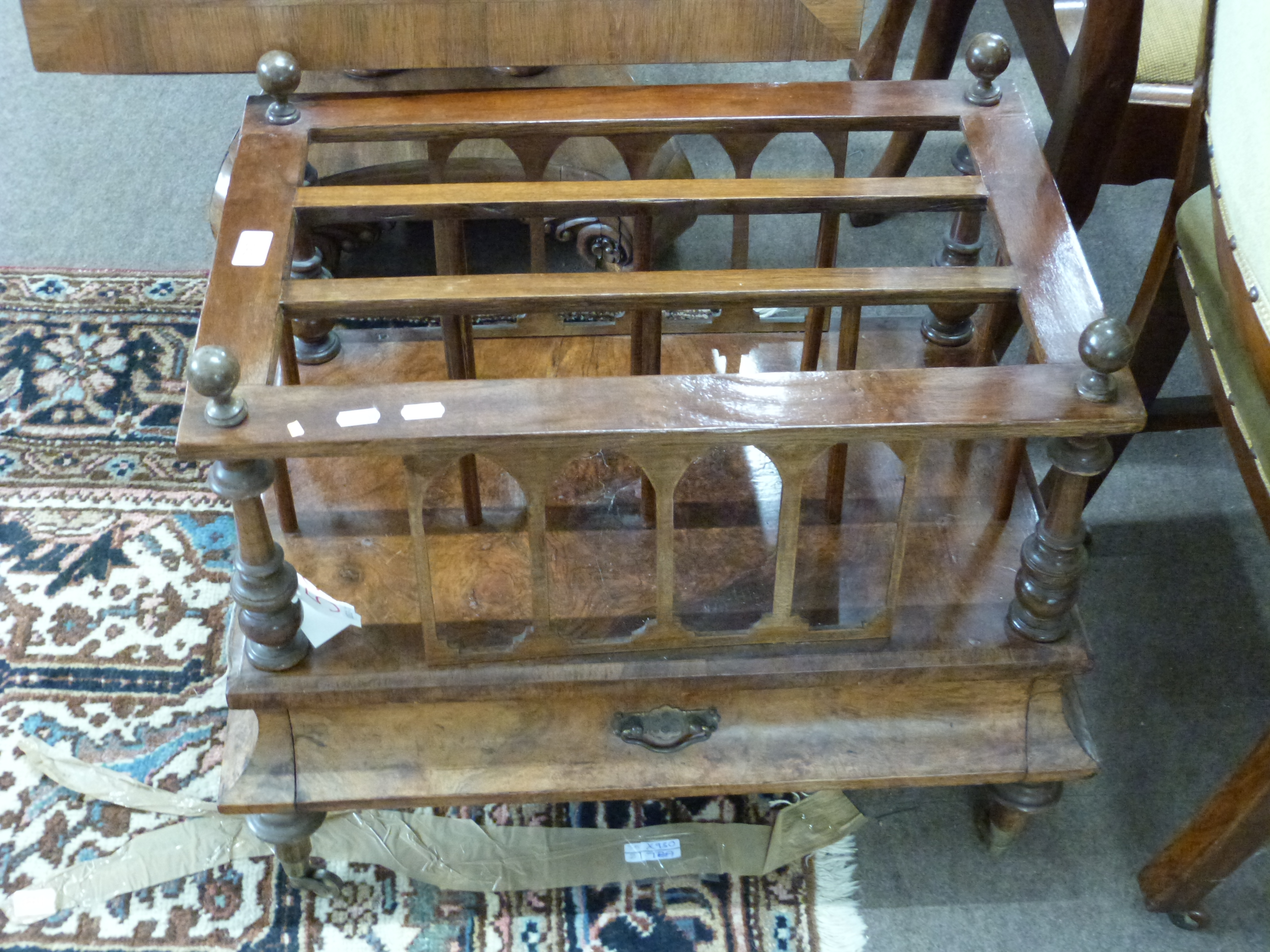 Victorian walnut veneered Canterbury magazine rack of typical rectangular form fitted with a