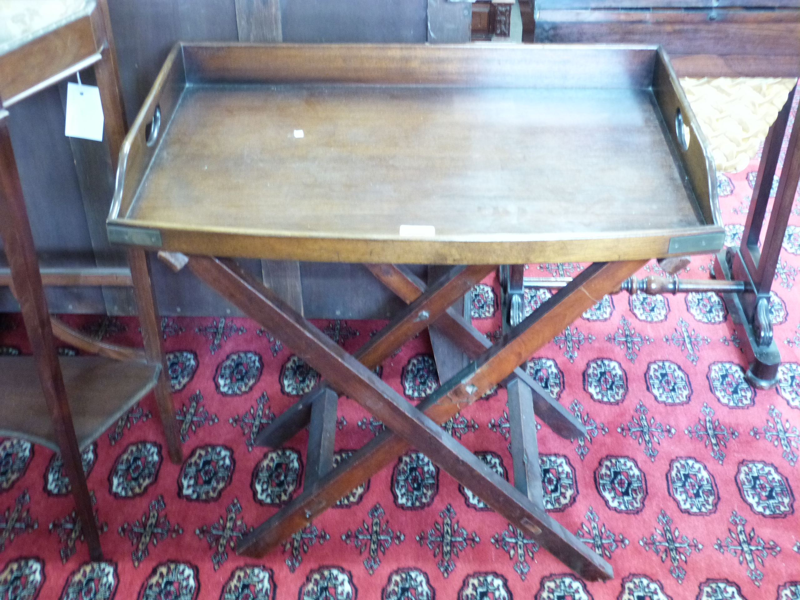 Mahogany butler's tray, length approx 69cm, together with folding matching stand